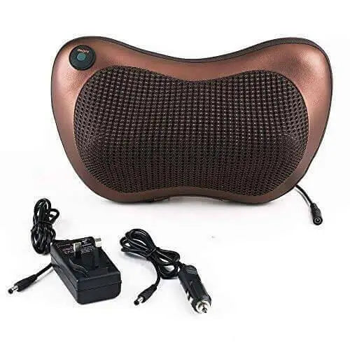 Premium MIANIMED skincare massage pillow with power adapter and car charger accessories.