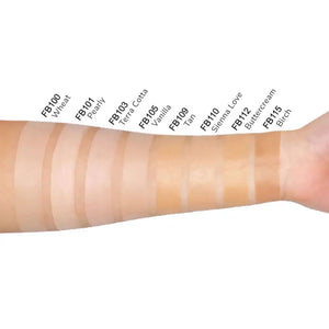 Arm showcasing various shades of MIANIMED premium skincare foundation, labeled from FB100 Wheat to FB115 Birch, to demonstrate color range.