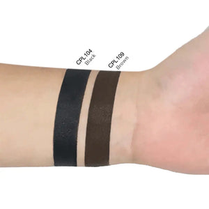 Swatches of MIANIMED premium skincare products in black (CPL104) and brown (CPL109) shades on wrist