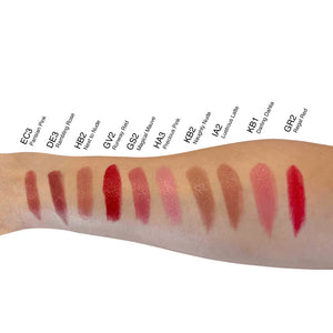 Arm swatches of MIANIMED premium skincare lip color shades in various hues including pinks, reds, and nudes, demonstrating skin compatibility.