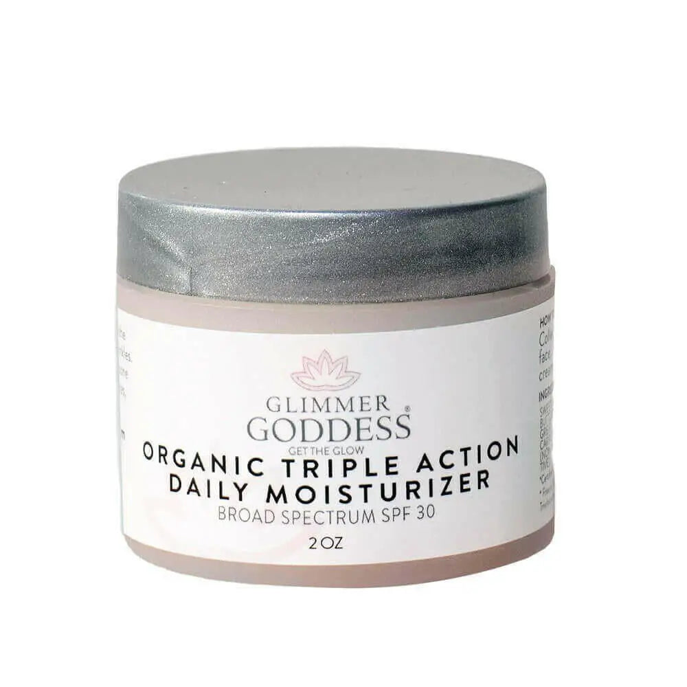 Glimmer Goddess Organic Triple Action Daily Moisturizer Bottle, premium skincare product with broad spectrum SPF 30 - MIANIMED.