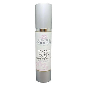 Glimmer Goddess Organic Triple Action Daily Moisturizer Bottle, premium skincare product with broad spectrum SPF 30 - MIANIMED.